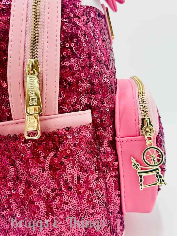 Loungefly Sleeping Beauty Sequin Backpack Disney Princess Aurora Bag Zips And Spinning Wheel Keyring