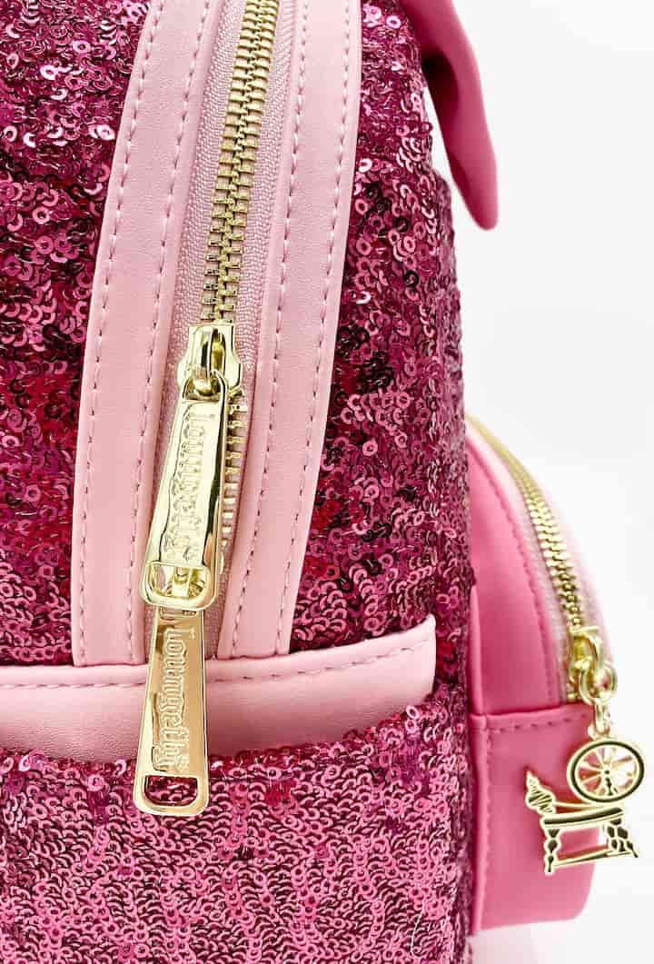 Loungefly Sleeping Beauty Sequin Backpack Disney Princess Aurora Bag Zips And Spinning Wheel Keyring