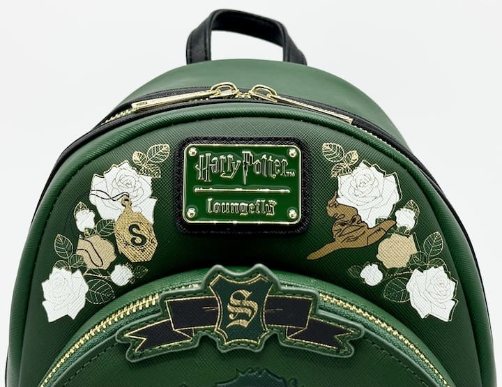 Loungefly Slytherin House Tattoo Mini Backpack Harry Potter Bag Front Enamel Logo