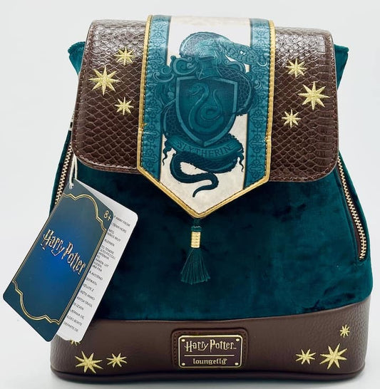 Loungefly Slytherin Velvet Banner Mini Backpack Harry Potter Bag Front Full View