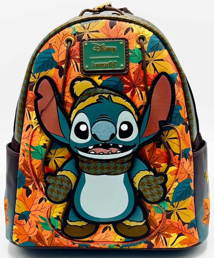 Loungefly Stitch Autumn Fall Leaves Mini Backpack Disney Bag Front Full View Down