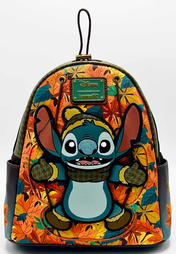 Loungefly Stitch Autumn Fall Leaves Mini Backpack Disney Bag Front Full View Up