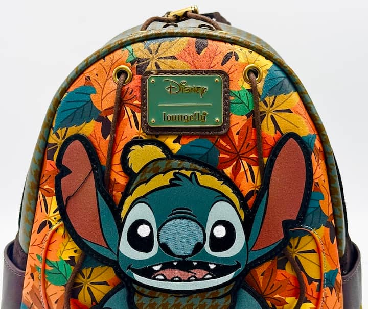 Loungefly Stitch Autumn Fall Leaves Mini Backpack Disney Bag Front Logo