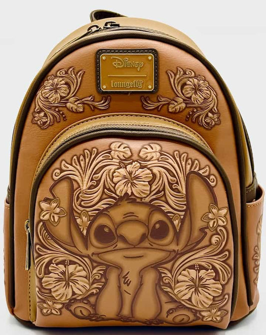 Loungefly Stitch Brown Debossed Mini Backpack Disney Hawaiian Bag Front Full View