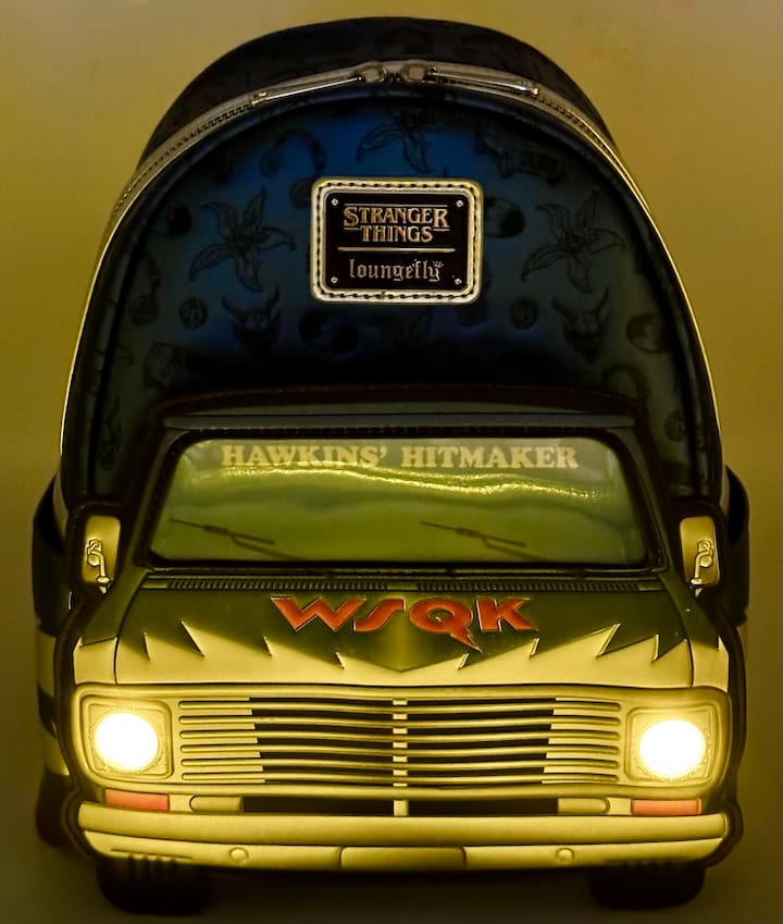 Loungefly Stranger Things WSQK Van Mini Backpack Light Up Bag Front Full View Light Up