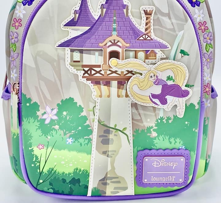 Loungefly Tangled Mini Backpack Rapunzel Swinging From the Tower Bag Front Character Applique Left