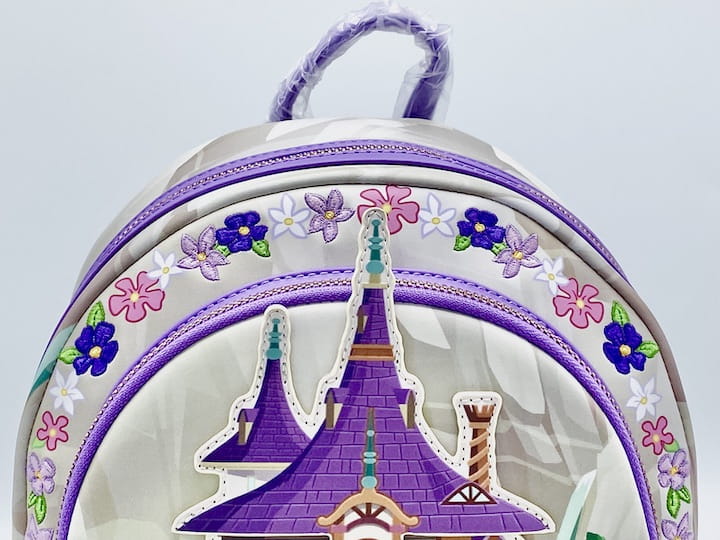 Loungefly Tangled Mini Backpack Rapunzel Swinging From the Tower Bag Front Tower Applique