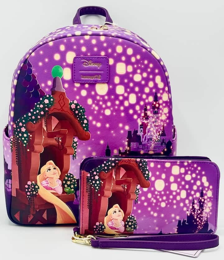 Loungefly Tangled Night Mini Backpack Disney Rapunzel Bag & Purse Set Front Full View Handbag And Wallet