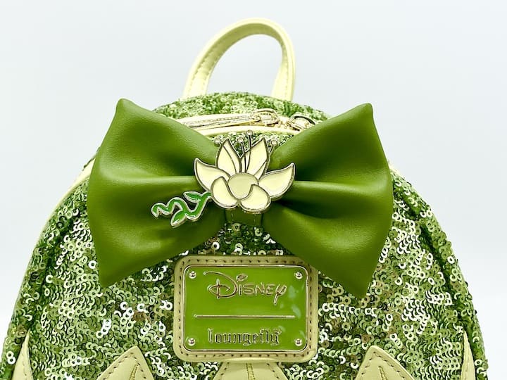 Loungefly Tiana Sequin Mini Backpack Disney Princess and the Frog Bag Front Bow And Logo