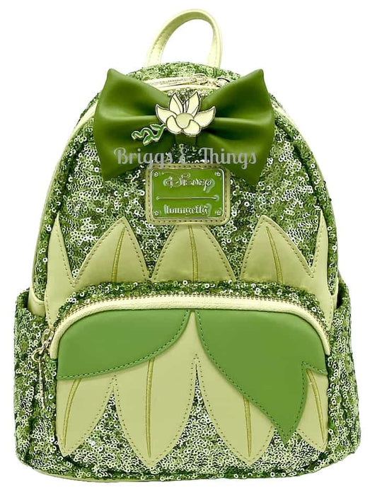 Loungefly Tiana Sequin Mini Backpack Disney Princess and the Frog Bag Front Full View 