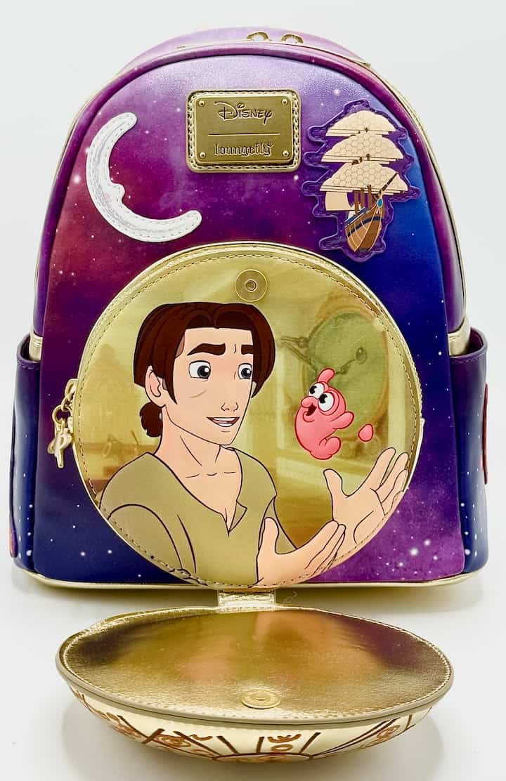 Loungefly Treasure Planet Mini Backpack Disney Jim & Morph Bag Front Full View Gold Star Map Orb Open