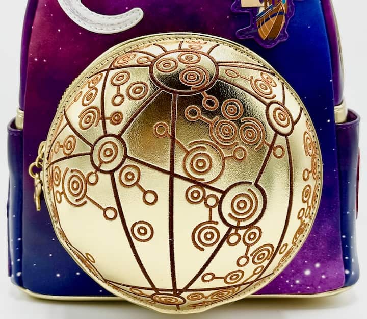 Loungefly Treasure Planet Mini Backpack Disney Jim & Morph Bag Front Gold Star Map Orb Closed