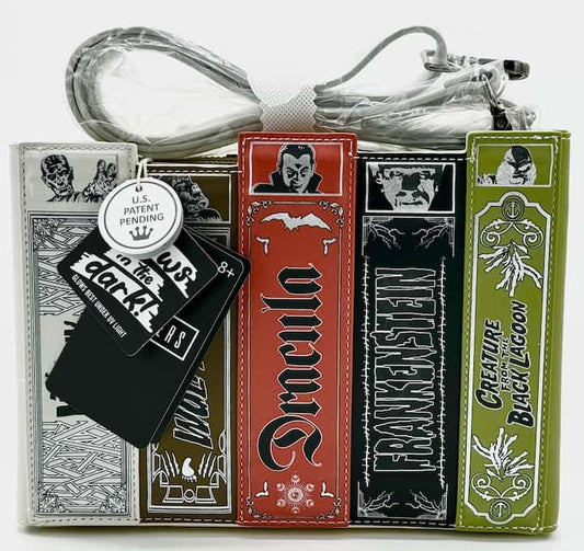 Loungefly Universal Monsters Books Collection Glow Crossbody Bag Front Full View With Strap