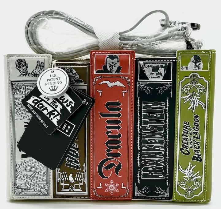 Loungefly Universal Monsters Books Collection Glow Crossbody Bag Front Full View With Strap