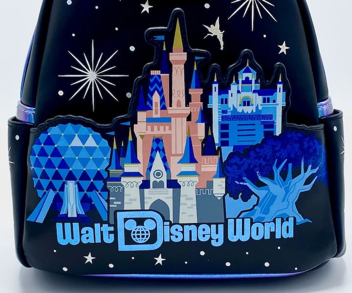 Loungefly Walt Disney World Icons Mini Backpack Disney Parks Castle Front Bottom Pocket With Spaceship Earth Epcot, Hollywood Tower Hotel Disney Hollywood Studios, Tree of Life Animal Kingdom & Cinderella Castle Magic Kingdom