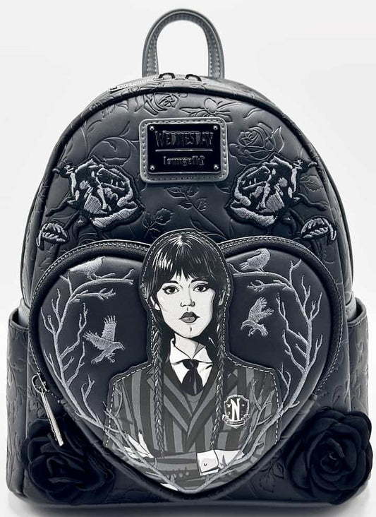 Loungefly Wednesday Black Roses Mini Backpack Addams Bag Front Full View