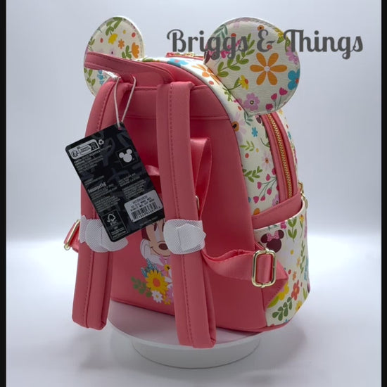 Loungefly Minnie Mouse Floral Sequin Mini Backpack Disney Spring Bag Video