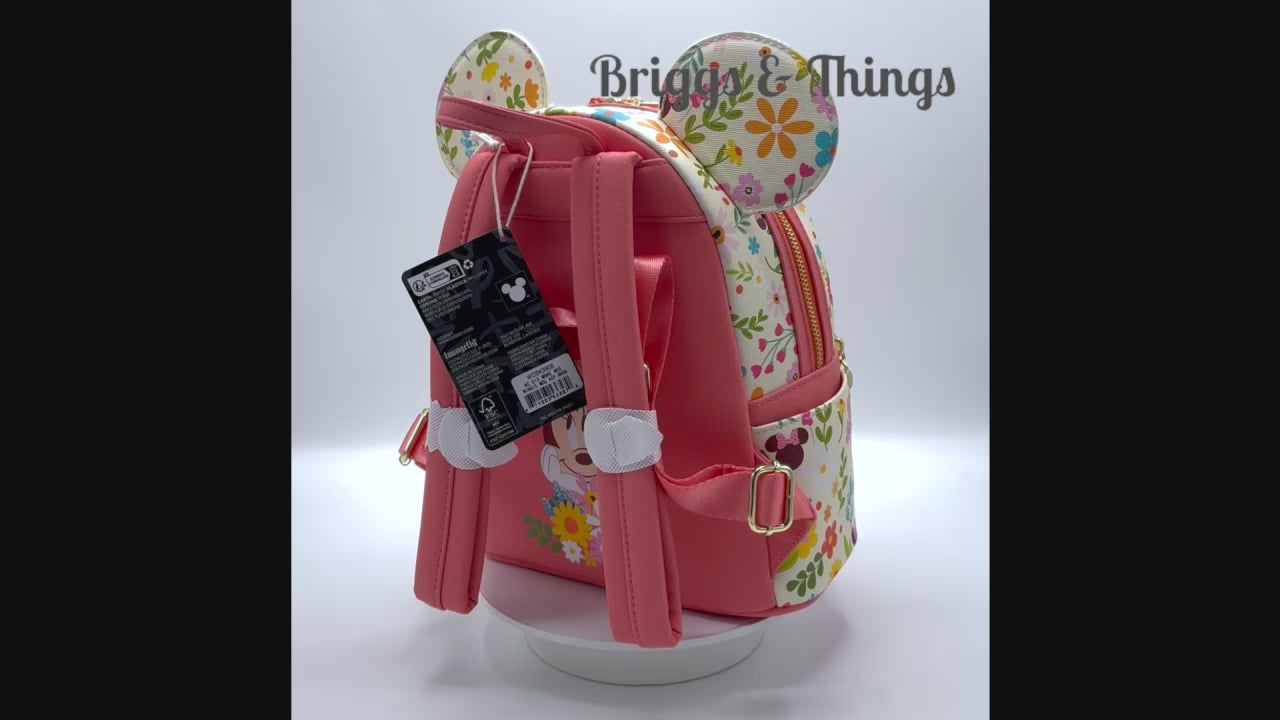 Loungefly Minnie Mouse Floral Sequin Mini Backpack Disney Spring Bag Video
