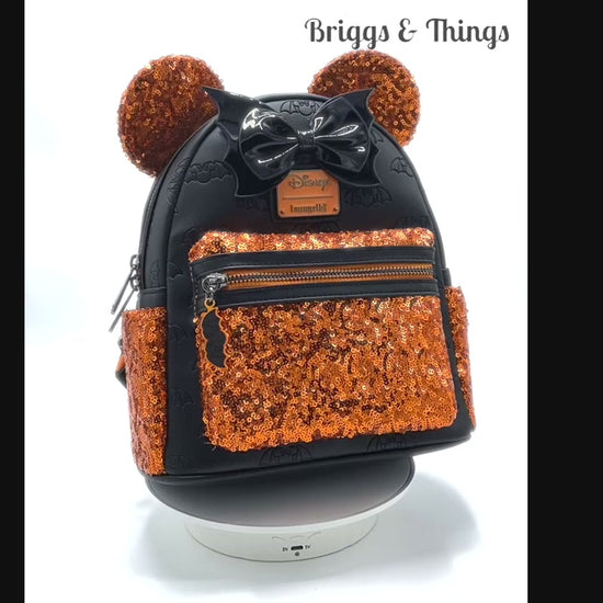 Loungefly Minnie Mouse Halloween Sequin Mini Backpack Disney Bat Bag Video