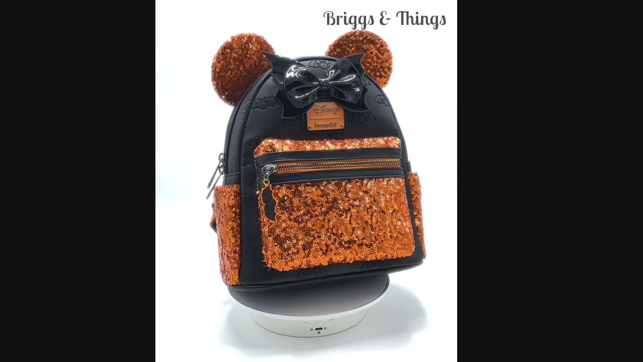 Loungefly Minnie Mouse Halloween Sequin Mini Backpack Disney Bat Bag Video