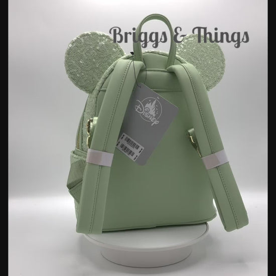 Loungefly Mint Green Sequin Mini Backpack Minnie Mouse Disney Parks Video