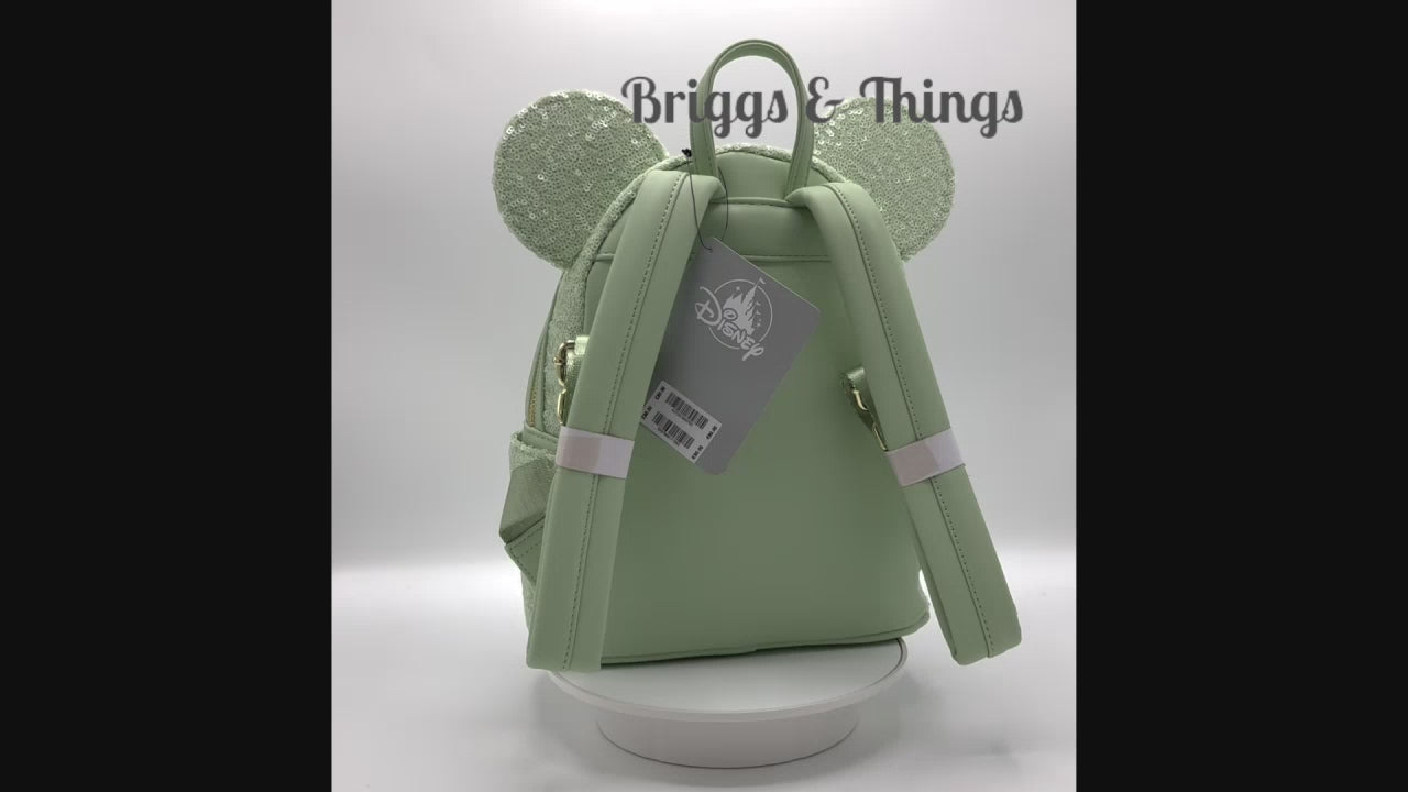 Loungefly Mint Green Sequin Mini Backpack Minnie Mouse Disney Parks Video