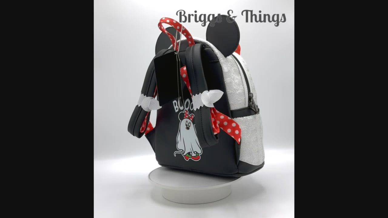 Loungefly Minnie Mouse Sequin Ghost Mini Backpack Glow Halloween Bag Video