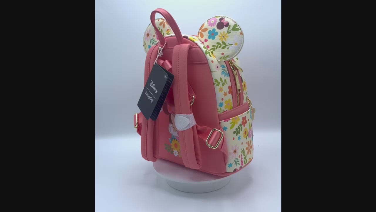 Loungefly Minnie Mouse Floral Sequin Mini Backpack Disney Spring Bag Video