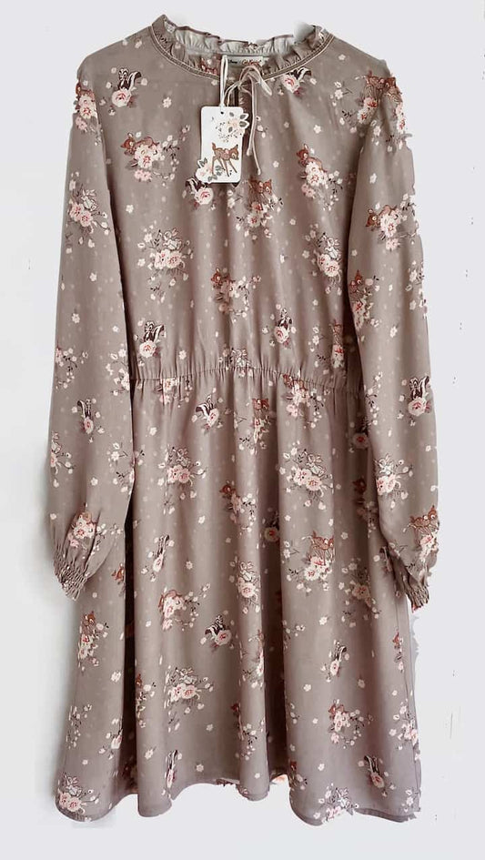 Cath Kidston Disney Bambi Dress Fawn Brown Rose Floral Shirred 18 New With Tags Front