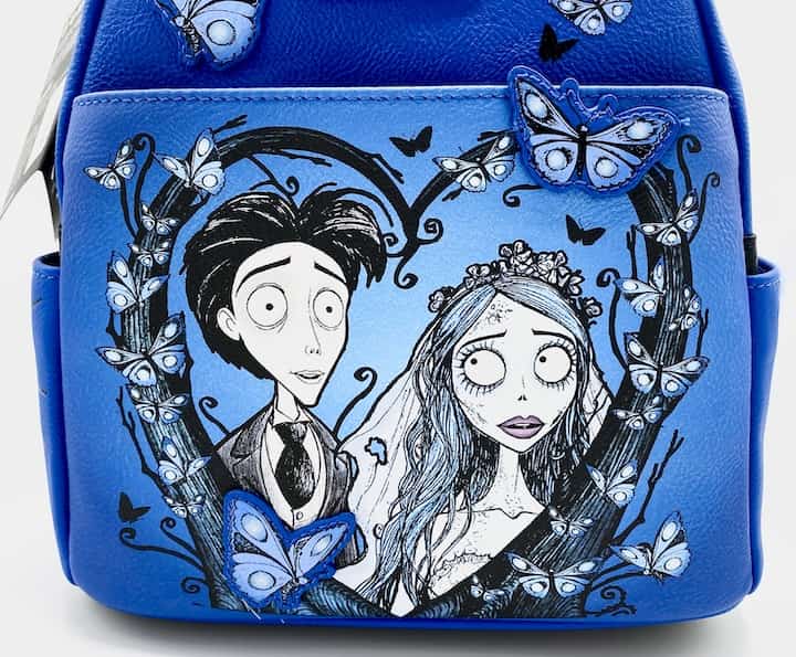Loungefly Corpse Bride Butterfly Mini Backpack Blue Valentine GITD Bag Front Character Artwork