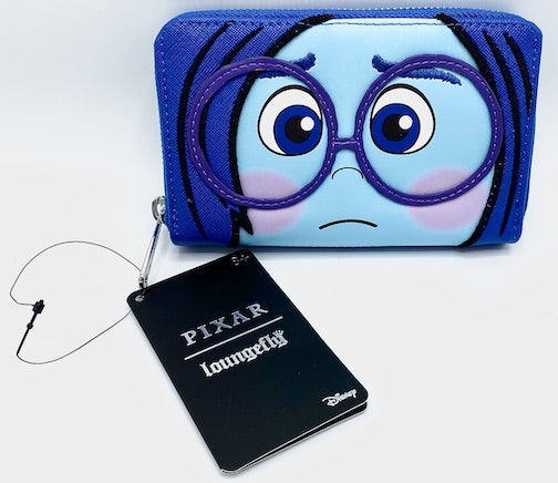 Loungefly Sadness Wallet Disney Pixar Inside Out Blue Cosplay Purse Front Face And Glasses Appliques